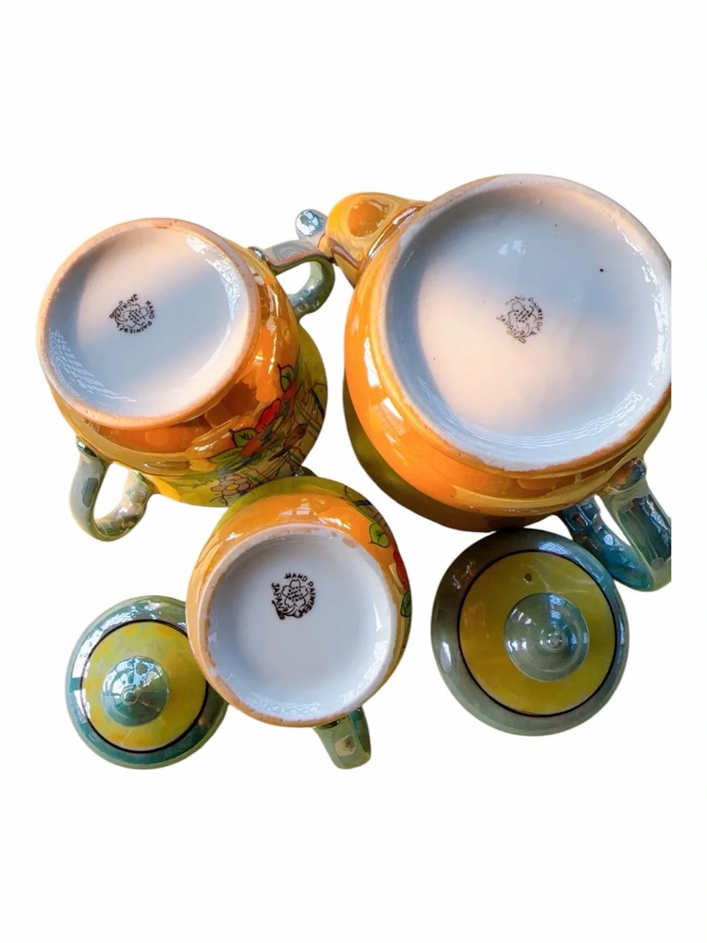 Vintage hand painted Japan lusterware tea set teapot,sugar y creamer bird floral